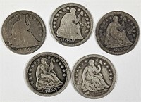 5 New Orleans Seated Liberty Silver Half Dimes