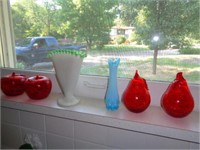 6 Art Glass Items in Window, Including Fenton