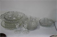 LOT OF PRESSED GLASS DISHES, CANDLE STICK HOLDERS