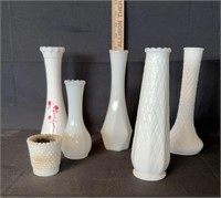 (4) 9” Milk Glass Vases, 4’5” Milk Glass Vase