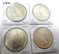 4 - 1923 Peace silver dollars, AU