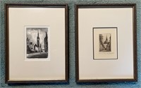 Framed & Matted Etch of European Town and