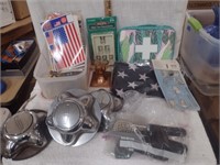 American flag, flag stickers, first aid kit,