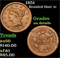 1851 Braided Hair Large Cent 1c Grades AU Details