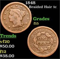 1848 Braided Hair Large Cent 1c Grades f+