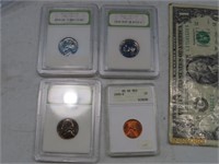 (4) graded cased Nickels & Pennies coins