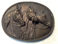 Bronze Belt Buckle W/Horses, 3in X 4.5in