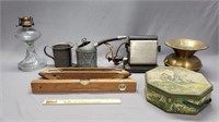Country Decor Lot: Spittoon, Oil Can & More