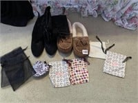 BOOTS SZ 7.5, SLIPPERS SZ 8, JEWELRY BAGS