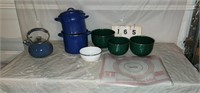 Enamel Pans and Bowls and Tea Kettle