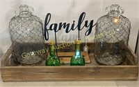 Wooden Tray, Decorative Glassware and Metal....