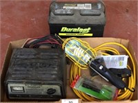 Battery charger, battery, drop light
