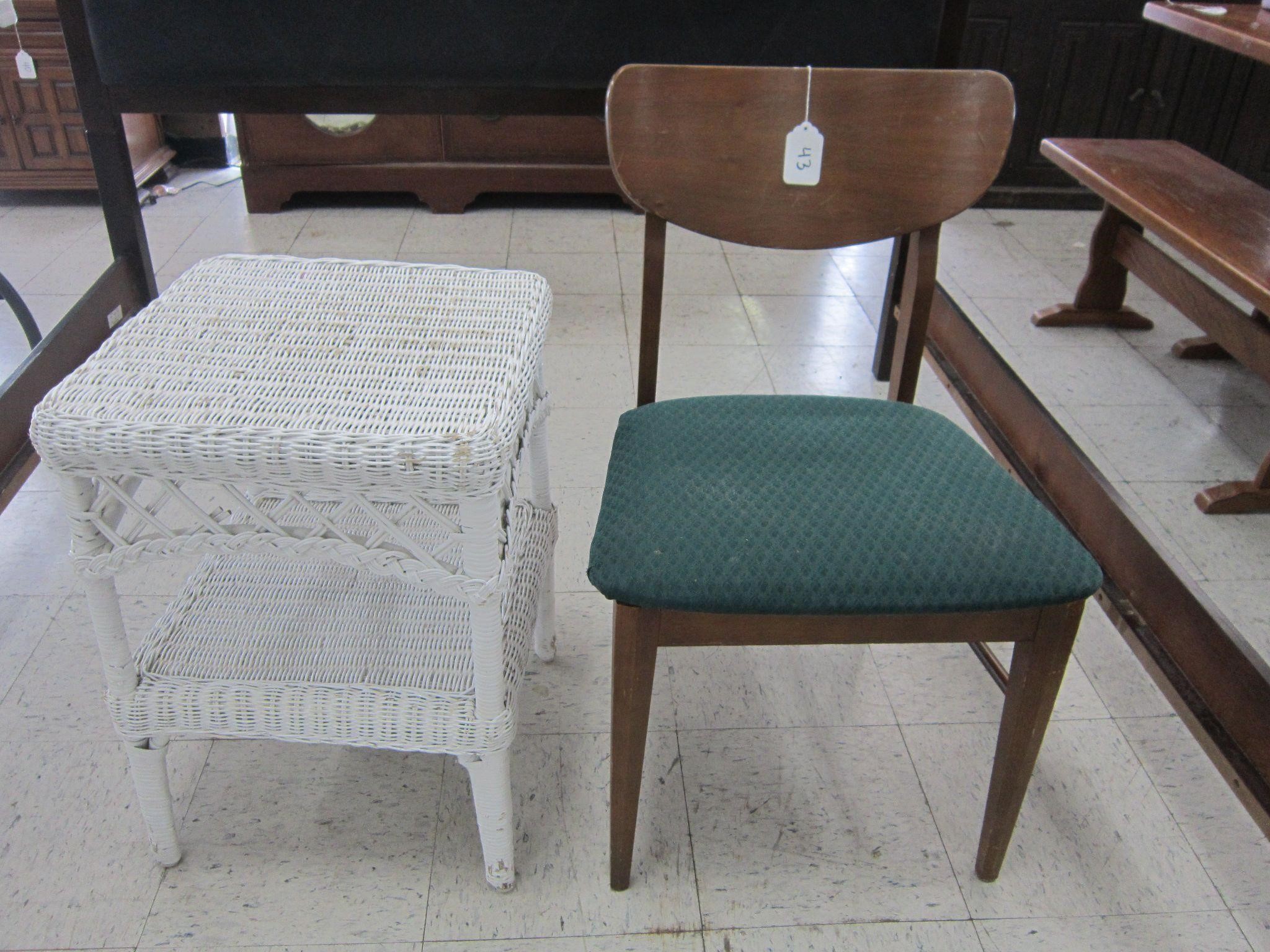 WICKER END TABLE AND OAK CHAIR