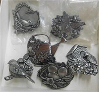 Six Birds and Blooms pins, pewter