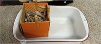 Vtg. enamelware washbin with red trim and a box