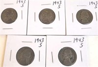 5 - 1943 S Jefferson Silver War Nickels