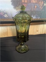 Large Fostoria coin olive green vase with lid