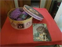 PRETTY HAT BOX WITH YARN AND A BOOK ON AFGHANS