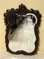 Rococo Flourish Carved Oak Framed Beveled Mirror.