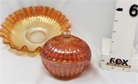 Amber Irredescent Fluted Bowl & Covered Dish