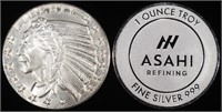 (2) 1 OZ .999 SILVER ROUNDS, INDIAN DESIGN & ASAHI