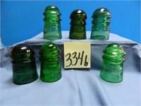 (6) Green Glass Insulators Including Broofield, NY