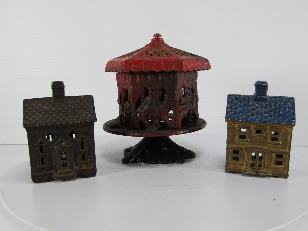 3 CAST METAL COIN BANKS