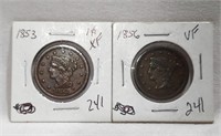 1853 Cent XF, 1856 Cent VF (Both Show Rev.