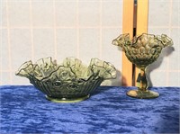 two pieces of green glass compote & bowl Fluted