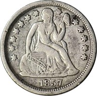 1857 SEATED LIBERTY DIME - VF, OLD CLEANING