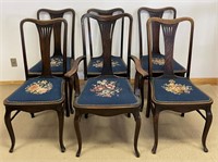 LOVELY SET OF 6 SOLID OAK CHAIRS W NEEDLEPOINT SEA