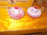 Cranberry Candle Holders, Glass Flowers, Covered