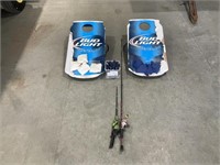 Fish Poles with Reels and CornHole Boards wit Bags