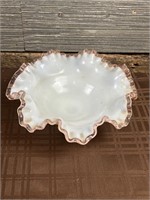 Fenton Ruffled Pink Edge Bowl 9”