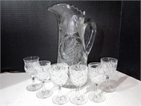 Cut glass glass pitcher & 6 cut glass cordials g