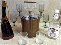 MID CENTURY ICE BUCKET DICKLES BOTTLES & GLASS LOT