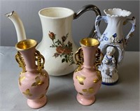 Vintage Pink Vases, Pitcher, Blue & White Vase
