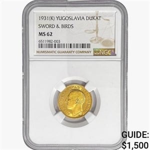 1931(K) Dukat .11oz Yugoslavia Gold NGC MS62