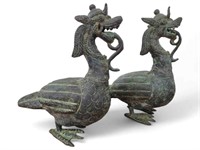 Oriental Bronze Dragon Headed Duck Figures
