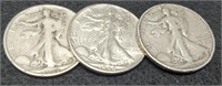 (3) Walking Liberty Half Dollars: 1937 F, 1938 VF,