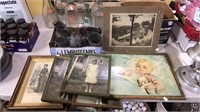 Five antique framed prints and photos a box of