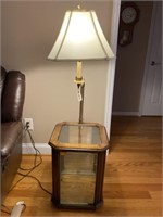 Mid-Century curio cabinet end table with lamp