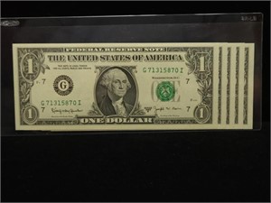 5 CONSECUTIVE $1 1963B JOSEPH W. BARR NOTES (GEM)