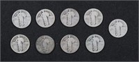 US Coins 9 Silver Liberty Quarter Dollars, mixed