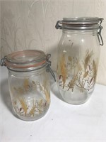 Pair of Vintage Golden Wheat Design Glass Jars