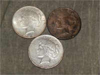 3 Peace 90% Silver Dollars 1922, 1928 S & 1923