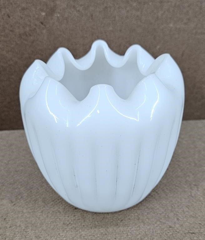 Milk Glass Rose Inward Ruffle Vase