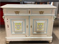 VTG Marble Top Carved Wood Cabinet