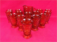 Amber Pitcher with Fourteen Glasses