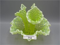 Fenton vaseline opal Hobnail 3-lily 7" epergne